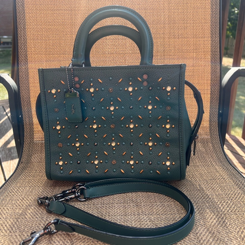 Coach Prairie Rivets Rogue 25 Dark Green Pebble Leather Handbag Purse Bag